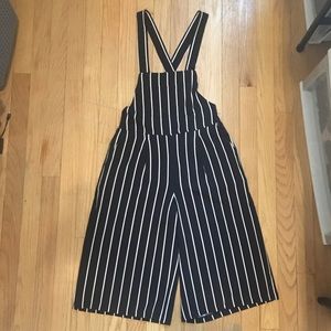 Black and white striped wide leg overalls